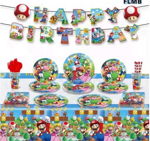 [FLMB] KIT MARIO BROS - CONTIENE MANTEL VASOS PLATOS PAJILLAS SERVILLETAS BANNER SET DE CUBIERTO, CUCHILLOS Y CUCHARAS